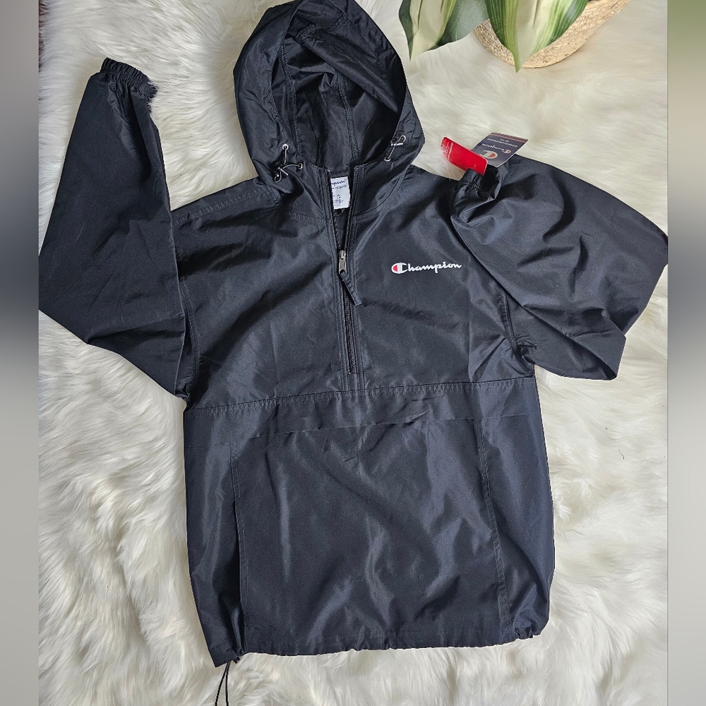 Champion Anorak packable stadium hooded jacket lightweight zipper black S Small